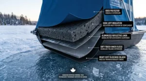 Cross-section illustration of 600-denier thermal fabric used in a flip over ice shelter to trap heat in sub-zero Quebec winters.