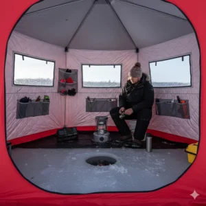 Interior view of a thermal pop up ice fishing shelter featuring gear pockets and wide windows.