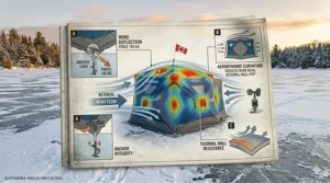 Comparison chart of 2-person vs 4-person insulated ice fishing shelters with metric measurements for Canadian buyers.
