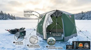 Cross-section diagram of an insulated hub style ice fishing shelter designed for extreme Canadian winters.