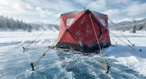 Close-up of the quilted, insulated fabric layers on an ice fishing tent designed to withstand sub-zero Canadian winter temperatures.