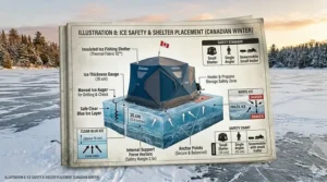 Diagram demonstrating the aerodynamic wind-resistance features of a premium insulated ice fishing shelter.