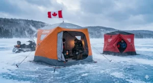 Illustration of a heavy-duty insulated shelter staying rigid in high winds on Lake Winnipeg compared to the flapping of a thinner non-insulated tent.