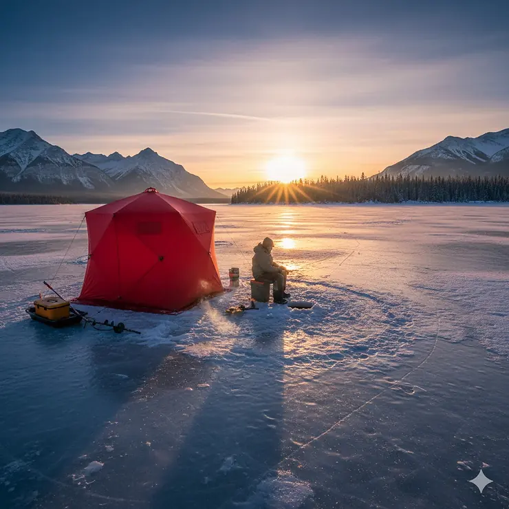 A red insulated pop up ice fishing shelter set up on a frozen Canadian lake during a vibrant winter sunrise.
