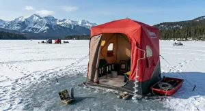 Close-up of the high-detail thermal insulation fabric on a portable ice shanty designed for sub-zero Canadian winters.