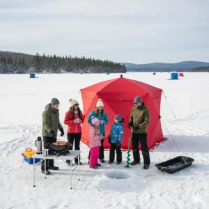 A group of friends gathering outside a large 6-man pop up ice fishing shelter in Ontario.