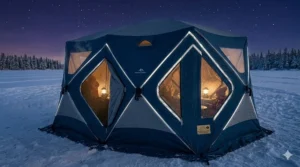 A photorealistic 4K evening shot of an ice shelter at night featuring high-visibility reflective safety trim and a warm interior glow.