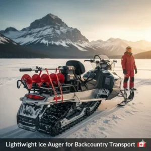 Illustration of a compact ice auger secured to a snowmobile for remote ice fishing in the Canadian Rockies.