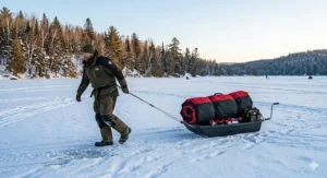 An angler pulling a lightweight non-insulated ice hut on a sled across the ice, highlighting the portability advantage for deep snow trekking.