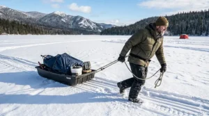 A Canadian angler pulling a flip-over ice shelter sled across deep snow to find a new fishing spot.