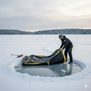A person pulling the side hub handle of a pop-up ice shelter to engage the fiberglass poles.