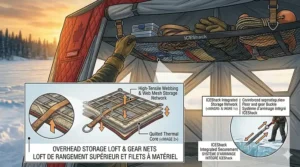 Interior view illustration showing overhead gear nets and storage lofts inside a spacious 8 person hub ice house.