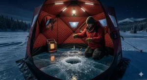Exterior of an insulated ice fishing shelter featuring a Canadian flag and bilingual "pêche blanche" signage for the Quebec market.