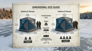 Step-by-step graphic showing the quick setup of a pop-up insulated ice fishing shelter in windy conditions.