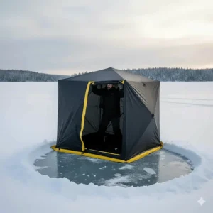 Pushing the interior roof hub upward to fully expand the insulated ice fishing tent.