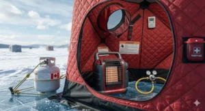 A folded 2 person ice fishing shelter packed into a heavy-duty sled being pulled across a snow-covered lake in Canada.