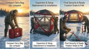 Step-by-step bilingual illustration showing how to set up a portable pop-up 8 person hub ice house from bag to ice.