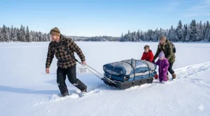 A photorealistic 4K technical illustration of a compact 4-person ice shelter folded and secured onto a heavy-duty sled on a frozen lake.