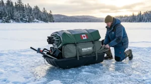Lightweight hub style ice fishing shelter packed into a heavy-duty carrying case for easy transport.