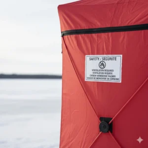 A portable pop up ice fishing shelter with safety labels in English and French (abri de pêche sur glace).