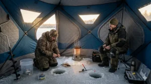Illustration of a portable insulated ice fishing shelter being towed by a snowmobile across a snowy landscape.