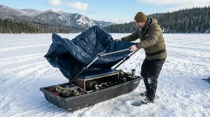 A folded pop-up ice shelter in its carry bag, showing its compact size for transport in a Canadian SUV.