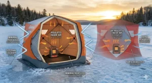 Infographic showing how an insulated ice shelter retains heat from a propane heater longer than a non-insulated model during a Canadian cold snap.