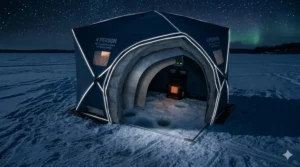 A 4 person ice fishing shelter at night featuring high-visibility reflective trim under a starlit Canadian sky.