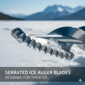 Close-up illustration of serrated stainless steel blades designed to bite into hard, thick lake ice.