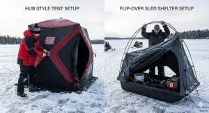 Split-screen illustration showing the setup process of a hub style tent versus a sled-mounted flip-over shelter.