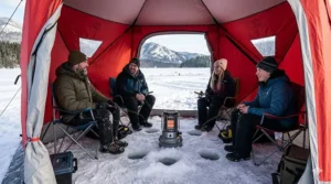 Interior view of a red pop-up hub ice shelter with a group of friends and a heater on a frozen lake.
