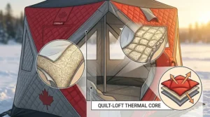 Close-up technical illustration of the quilted thermal insulation layers in an 8 person hub ice house for cold Canadian winters.