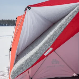 Cross-section illustration showing the quilted thermal fabric of a Canadian pop up ice fishing shelter.