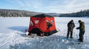 Close-up of heavy-duty thermal quilted fabric used in a 6 man insulated ice tent for extreme Canadian winters.