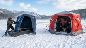 Anchored pop-up and flip-over ice shelters standing firm against high winds during a Canadian winter storm.