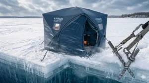 High-detail view of heavy-duty ice anchors securing a 4 person ice fishing shelter against strong Canadian winter winds.