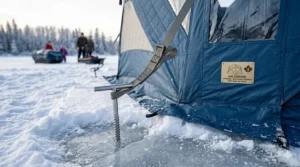 A photorealistic 4K close-up showing heavy-duty ice anchors and reinforced straps securing a family shelter against high Canadian winds.