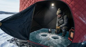 High-detail shot of ice anchors and reinforced tension lines securing a 2 person ice fishing shelter against strong prairie winds.