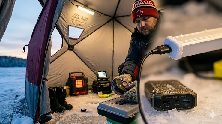 A premium 2 person flip over ice house set up on a frozen lake in Ontario during sunset with two anglers.