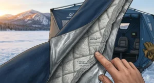 Technical drawing showing height, width, and fishable area of a standard 2 person flip over ice house (cabane à pêche).