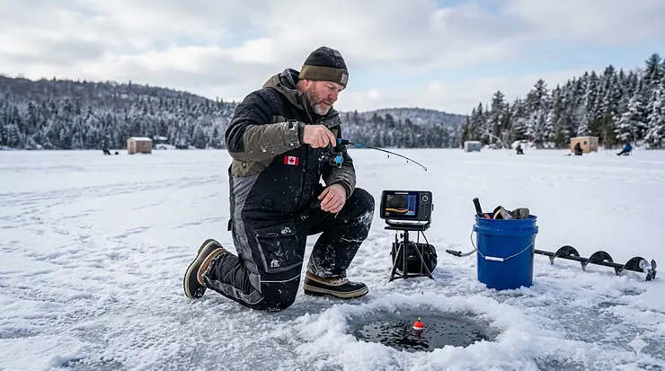 A fisherman wearing insulated waterproof ice fishing bibs while kneeling on the frozen surface of a Canadian lake during a snowfall.