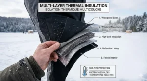 Diagram showing the multi-layer thermal insulation of waterproof ice fishing bibs designed for sub-zero temperatures.