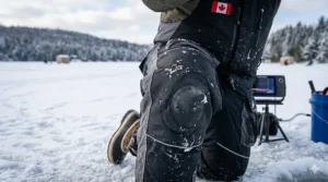 Illustration highlighting the padded, reinforced knee panels on ice fishing bibs for kneeling on rough ice.