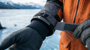 Tight-sealing neoprene wrist cuffs on a fishing jacket to prevent freezing slush and water from entering the sleeves.