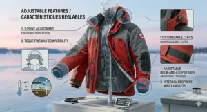 Illustration of an ergonomic, fleece-lined adjustable hood designed to fit over a toque or heavy winter headwear.