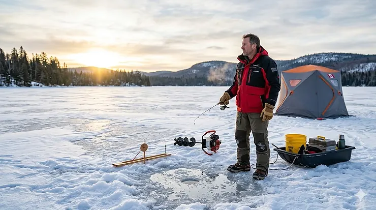 An ice fisherman wearing a red float jacket for ice fishing on a frozen Canadian lake at sunrise.