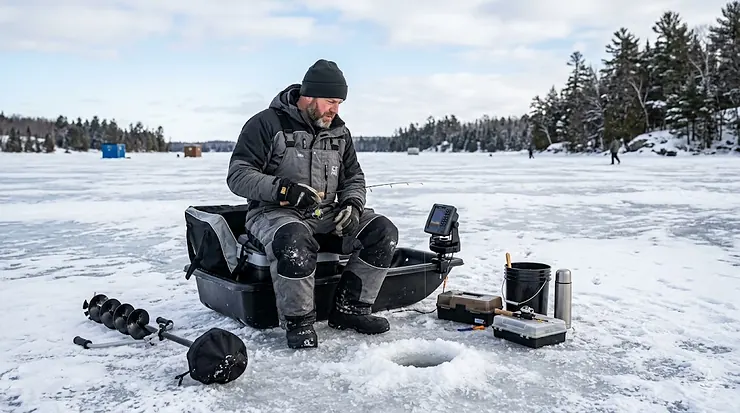 Professional angler wearing heavy-duty insulated bibs for ice fishing on a frozen Canadian lake.