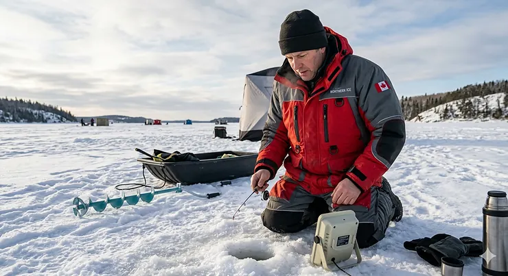 A fisherman wearing a heavy-duty insulated ice fishing jacket while jigging on a frozen Canadian lake during mid-winter.