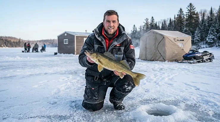 A professional angler wearing a high-performance two piece ice fishing suit while holding a trophy walleye on a frozen Canadian lake with ice huts and a snowmobile in the background.