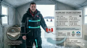 Bilingual English and French sizing chart (guide d’ajustement) for a two piece ice fishing suit, including Canadian flotation assist (aide à la flottaison) safety certifications.
